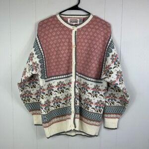 The Import Workshop Womens Cardigan Sweater Size L Pink Floral Grannycore Vtg